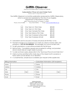 Griffith Observer Subscription Order Form