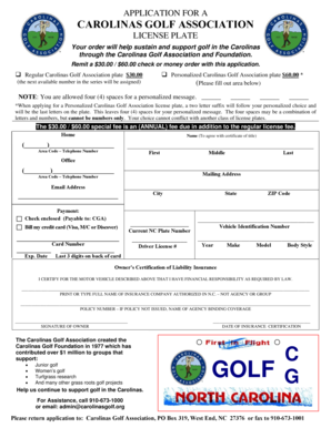 Carolinas Golf Association License Plate Application