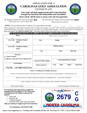 Carolinas Golf Association License Plate Application