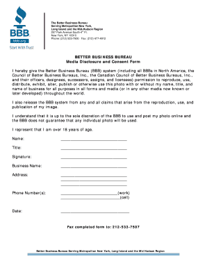 Better Business Bureau Media Disclosure and Consent Form