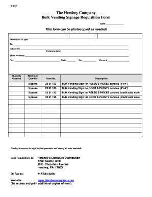 Hershey Bulk Vending Signage Requisition Form