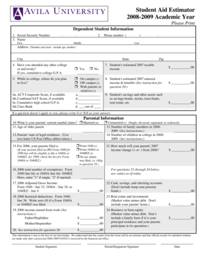 Student Aid Estimator Form