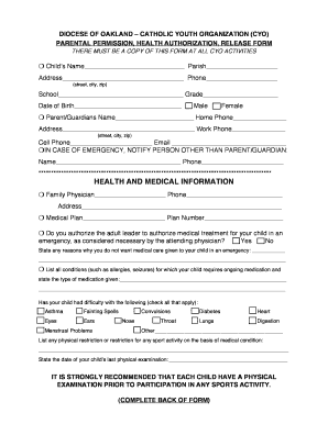 CYO Parental Permission and Health Authorization Form
