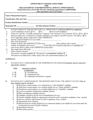 Appointment Certification Form for Skilled Service and Professional Service Appointments