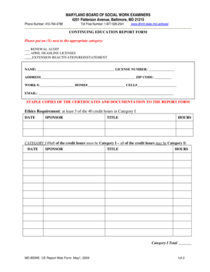 Maryland Social Work Continuing Education Report Form