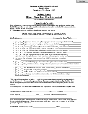 30 Day Health History Form for Student Athletes