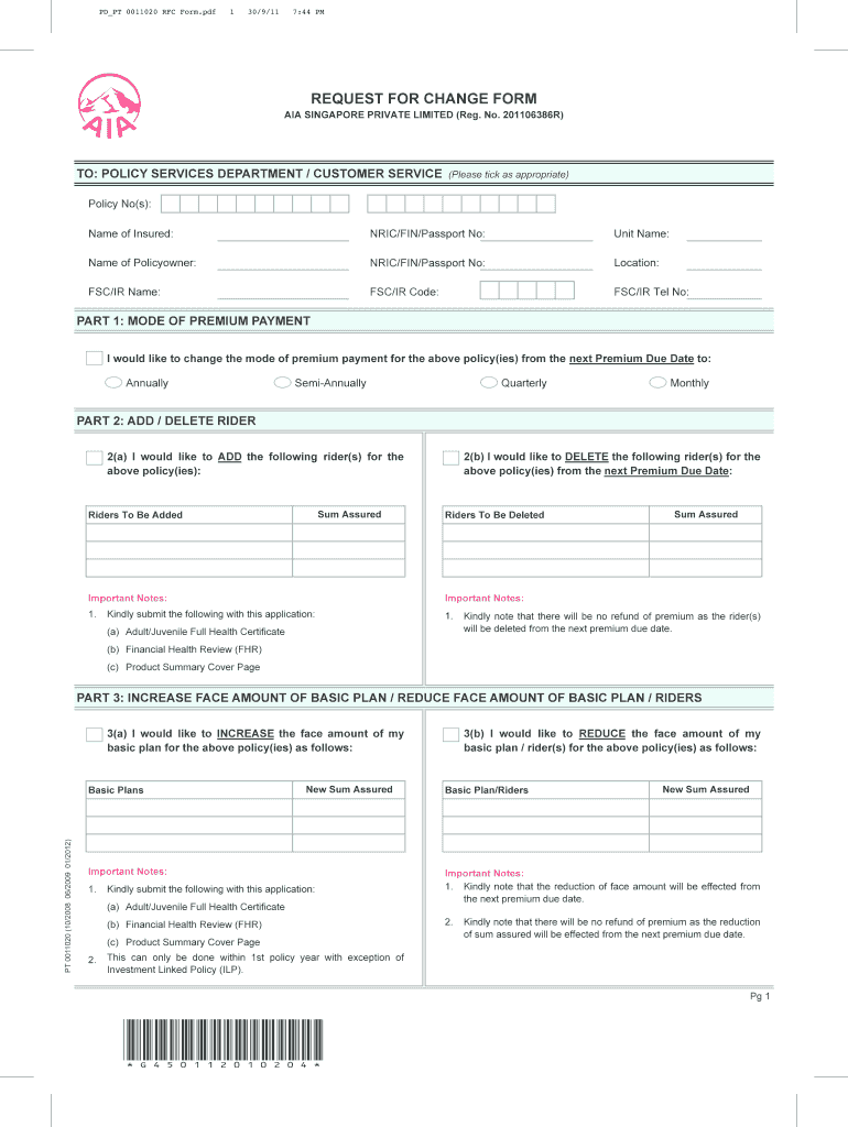 Fillable Online AIA SINGAPORE PRIVATE LIMITED (Reg Fax Email Print ...