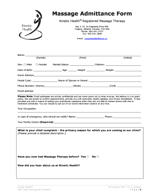Massage Admittance Form