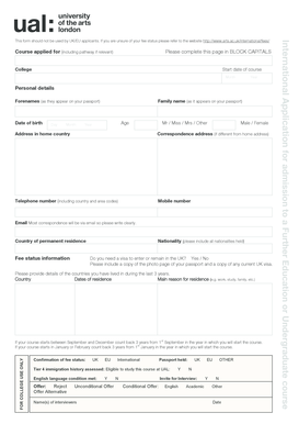 International Application for Admission to Further Education or Undergraduate Course