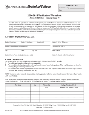2014-2015 FAFSA Verification Worksheet