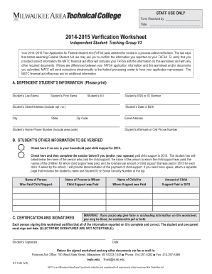 2014-2015 FAFSA Verification Worksheet
