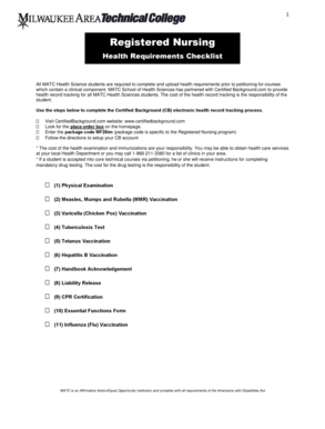 MATC Registered Nursing Health Requirements Checklist