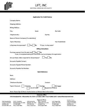 Lift Inc Credit Application Form