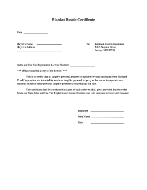 Blanket Resale Certificate