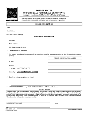 Border States Uniform Sale for Resale Certificate