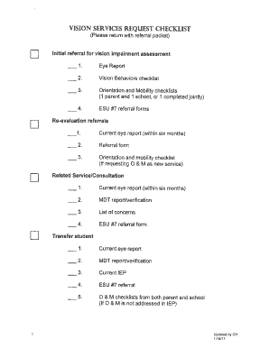 Vision Behaviors Checklist and Examination Report