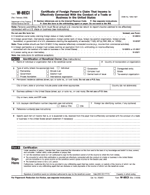 Form W-8ECI Certificate of Foreign Person's Claim