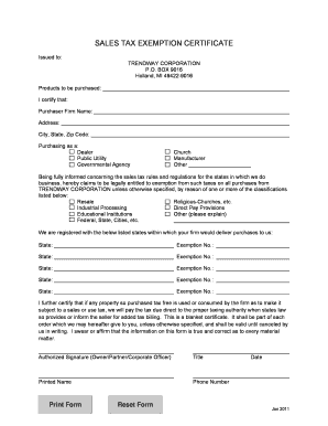 Sales Tax Exemption Certificate