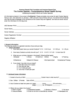 Cocker Spaniel Health Survey Form