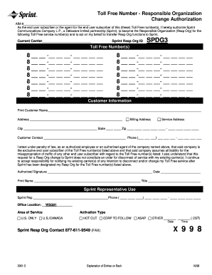 Toll Free Number Responsible Organization Change Authorization