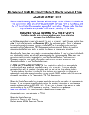 Connecticut State University Student Health Services Form