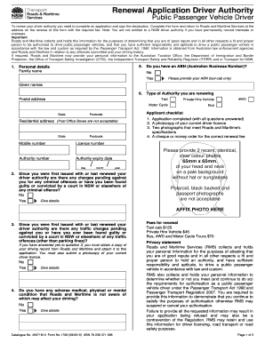 NSW Public Passenger Vehicle Driver Authority Renewal Application