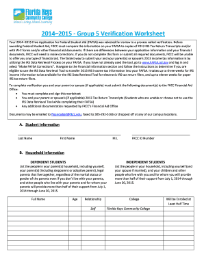 2014–2015 FAFSA Verification Worksheet