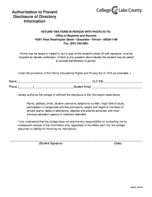 Authorization to Prevent Disclosure of Directory Information