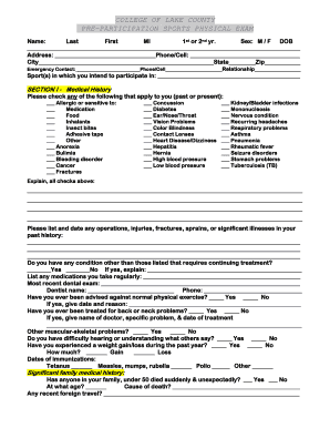 College of Lake County Pre-Participation Sports Physical Exam