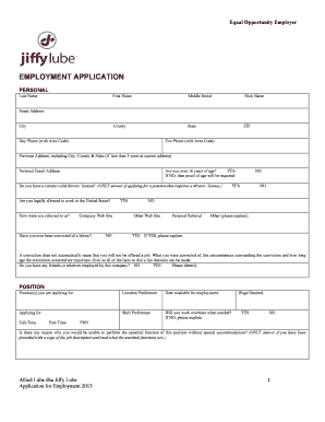 Jiffy Lube Employment Application Form