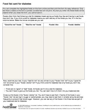 Diabetes Food List Card