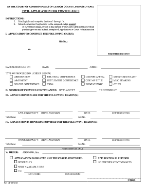 Civil Application for Continuance