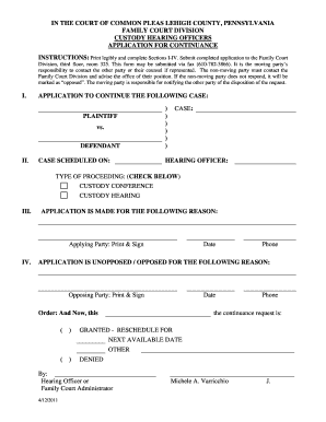 Pennsylvania Custody Hearing Continuance Application
