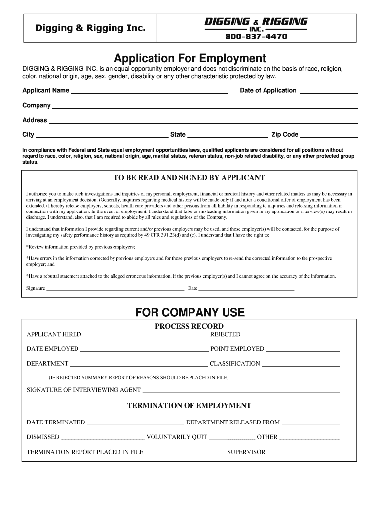 Printable Employment Application - Digging and Rigging Preview on Page 1