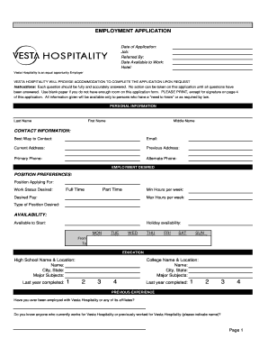 Vesta Hospitality Employment Application
