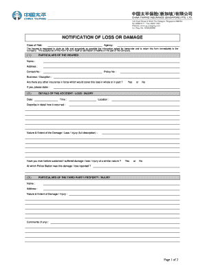 Notification of Loss or Damage Form