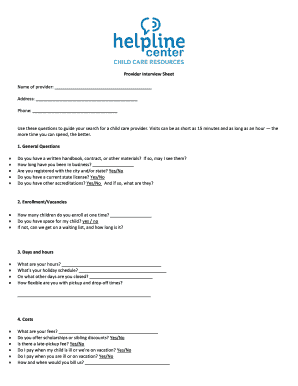 Child Care Provider Interview Sheet