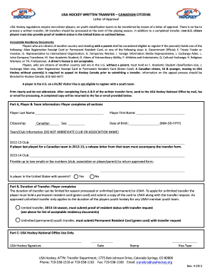 USA Hockey Written Transfer Approval Letter