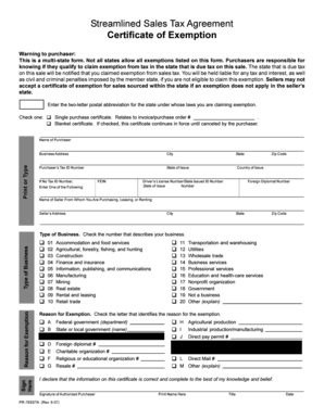 Streamlined Sales Tax Agreement Exemption Certificate
