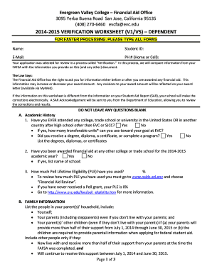 2014-2015 Verification Worksheet for Dependent Students