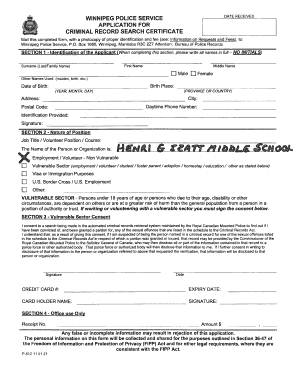 Winnipeg Police Service Criminal Record Search Certificate Application