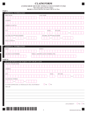 Consumer Motor Vehicle Recovery Fund Claim Form