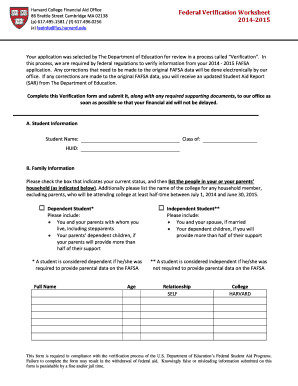Harvard College Financial Aid Verification Worksheet