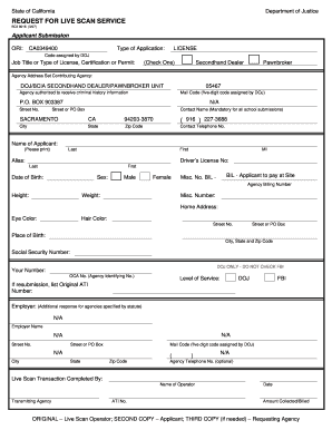 California Live Scan Request for Secondhand Dealer or Pawnbroker License