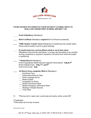 Oak Lawn-Hometown School District 123 Enrollment Form