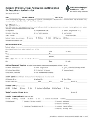 Business Deposit Account Application and Resolution