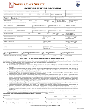 South Coast Surety Additional Personal Indemnitor Form