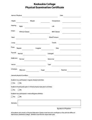 Kaskaskia College Physical Examination Certificate