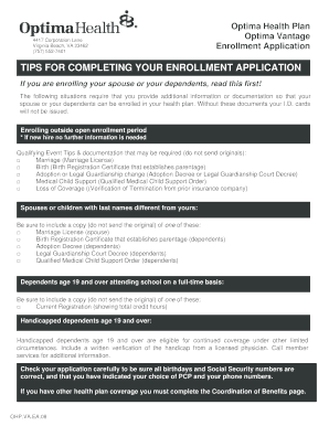 Optima Health Plan Enrollment Application