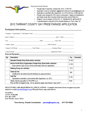 Tarrant County Gay Pride Parade Application